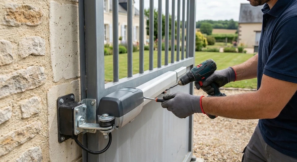 Gros plan sur les mains gantées d'un technicien qualifié en train de procéder à l'installation d'un automatisme de portail coulissant ou battant. L'image montre le technicien travaillant avec des outils professionnels adaptés (perceuse, tournevis électrique, ou équipements de fixation) sur les composants d'un portail motorisé (moteur, bras mécanique, capteurs), dans un cadre extérieur ou en atelier, reflétant un travail méticuleux et professionnel dans le domaine des automatismes de portails et clôtures.