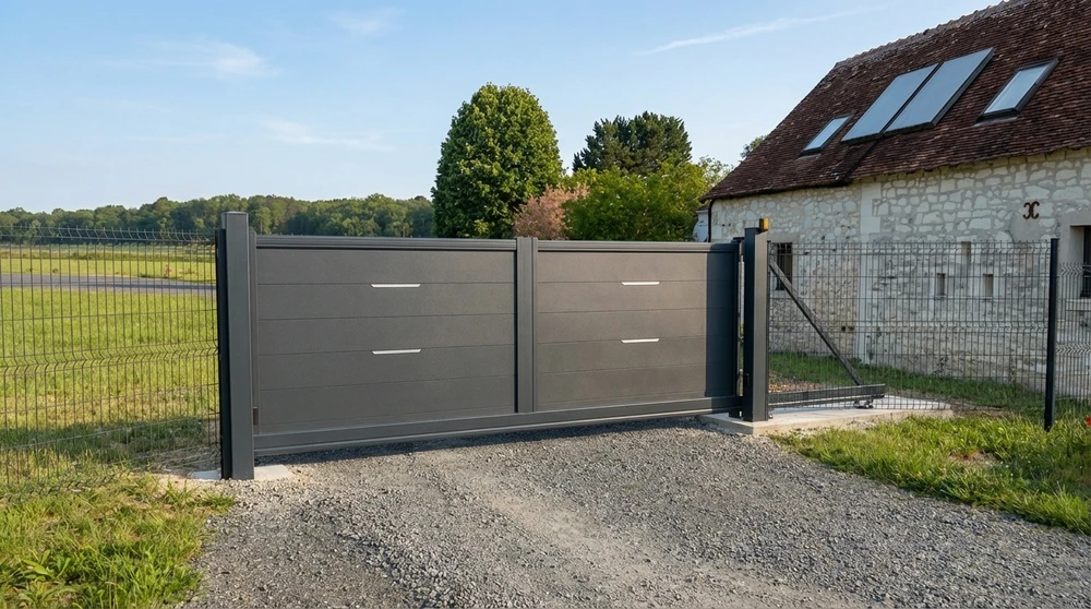Portail coulissant double vantaux en aluminium laqué anthracite (RAL 7016), à lames horizontales avec poignées encastrées inox