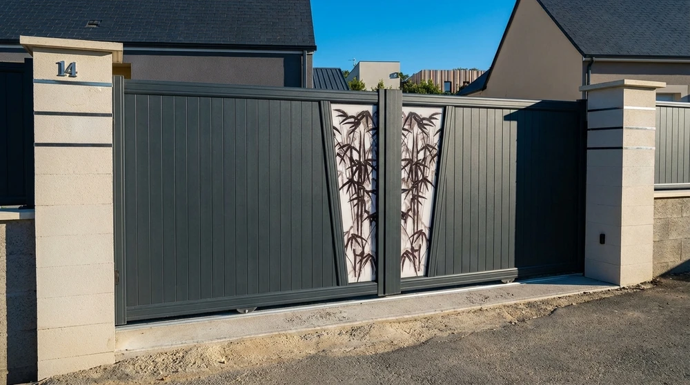 Portail coulissant double vantail en aluminium gris anthracite, avec décor central en médaillon représentant des bambous style encre de Chine sur fond blanc
