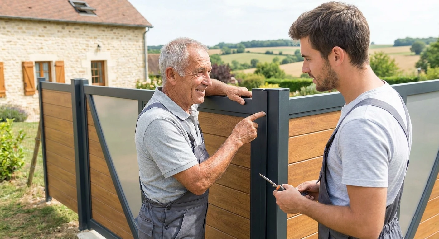 Deux générations de professionnels de la clôture et des aménagements extérieurs travaillant ensemble sur un chantier : un senior expérimenté guidant et discutant avec un plus jeune professionnel devant une clôture ou un portail en cours de pose. Ils sont en tenue professionnelle appropriée à un travail d'aménagement extérieur, dans un cadre résidentiel ou commercial typique. L'image doit transmettre le respect, la transmission de savoir-faire et la continuité professionnelle.