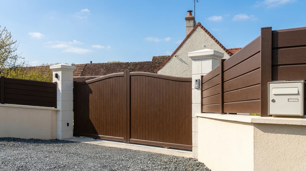 Portail double battant en aluminium aspect bois coloris châtaigne, monté sur piliers en pierre reconstituée blanche