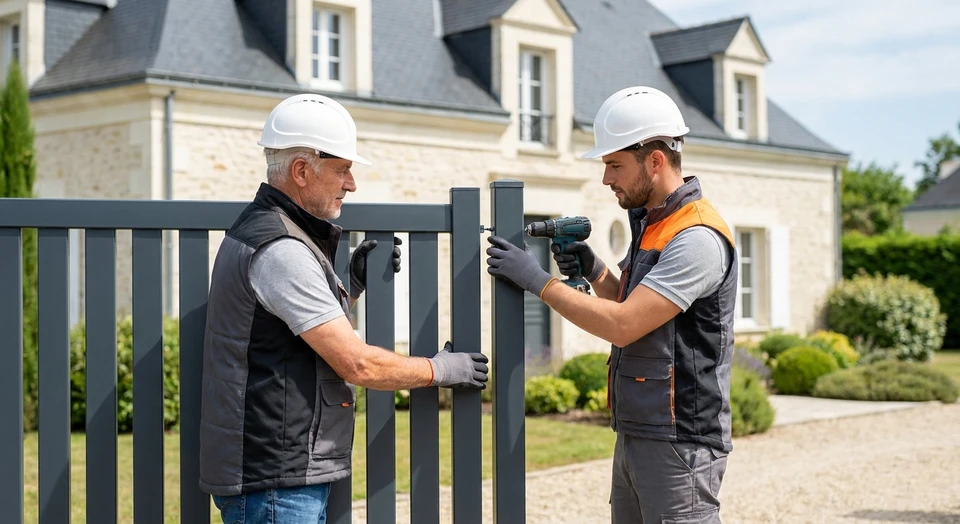 Deux ouvriers qualifiés, en équipement de sécurité standard, installent ensemble une clôture en aluminium neuf sur un chantier résidentiel. Un ouvrier positionne un panneau vertical tandis que l'autre assure la fixation des poteaux. La scène montre leur collaboration expérimentée sur un chantier extérieur ensoleillé, avec une maison en arrière-plan flou. L'image doit transmettre un sentiment de professionnalisme, de savoir-faire établi et de transmission d'expertise à travers le travail d'équipe organisé en binôme.