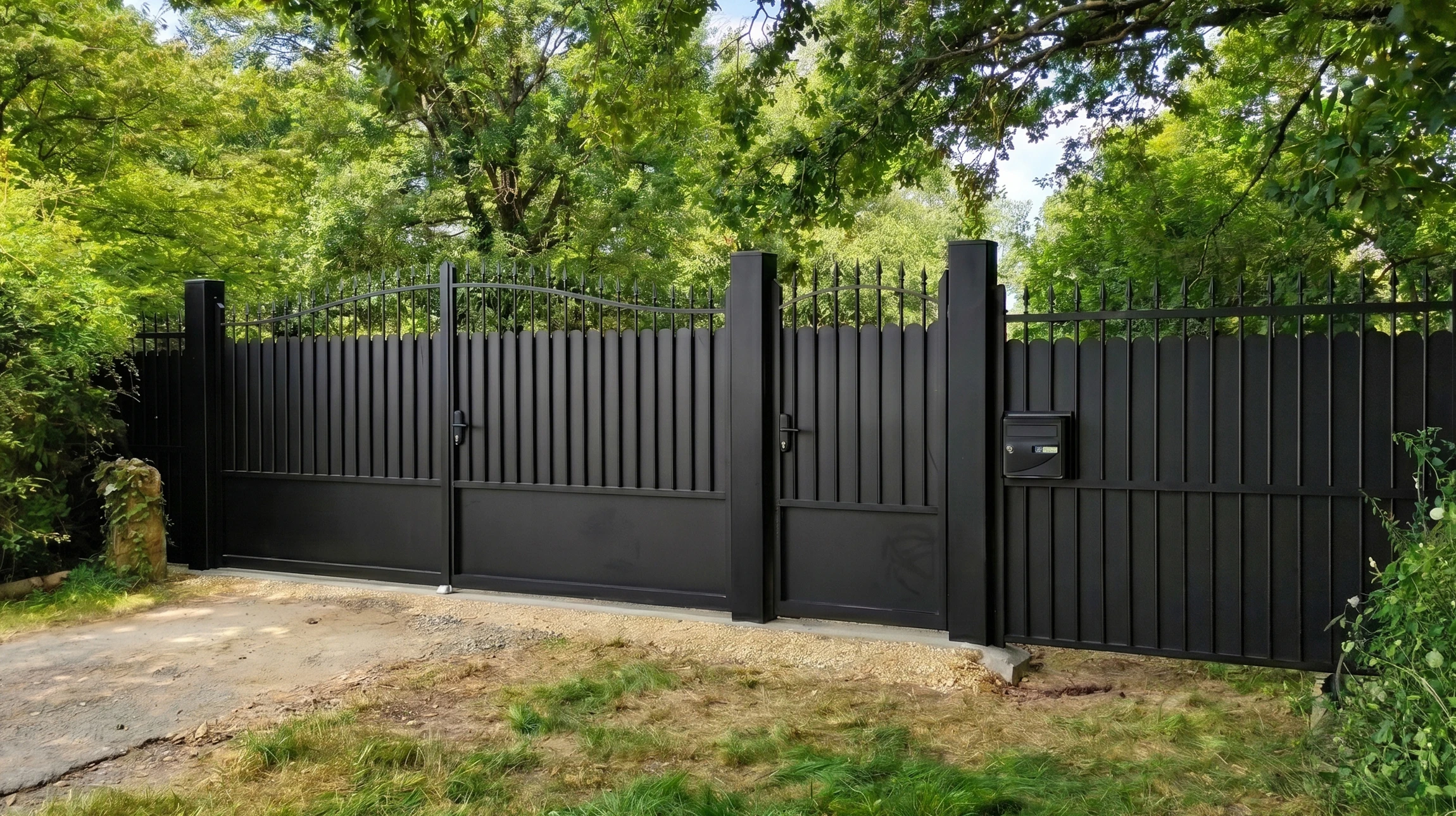 Portail coulissant moderne en aluminium anthracite avec lames horizontales ajourées, intégré dans une clôture assortie
