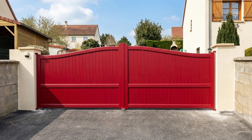 Portail coulissant aluminium anthracite à lames horizontales, flanqué de piliers en enduit beige