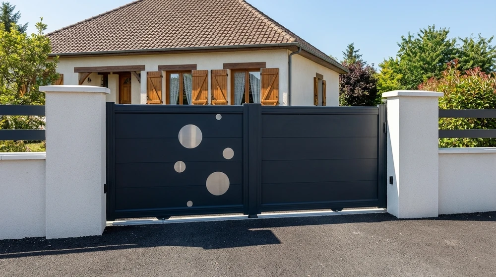 Entrée de propriété résidentielle avec portail coulissant double vantail en aluminium laqué anthracite (RAL 7016), encadré de piliers en pierre reconstituée