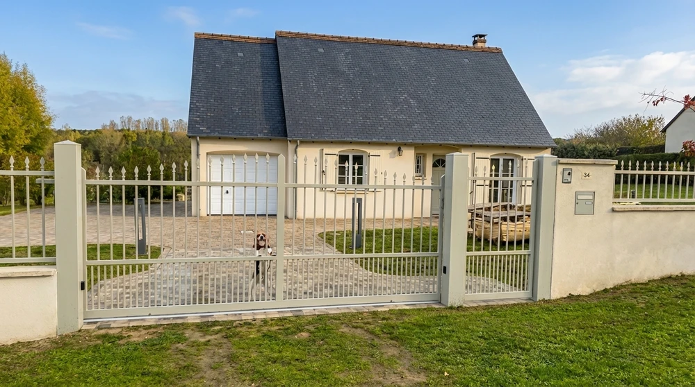Portail d'entrée double battant en fer forgé brun, style classique ornemental avec volutes et flèches décoratives, monté sur piliers en pierre calcaire