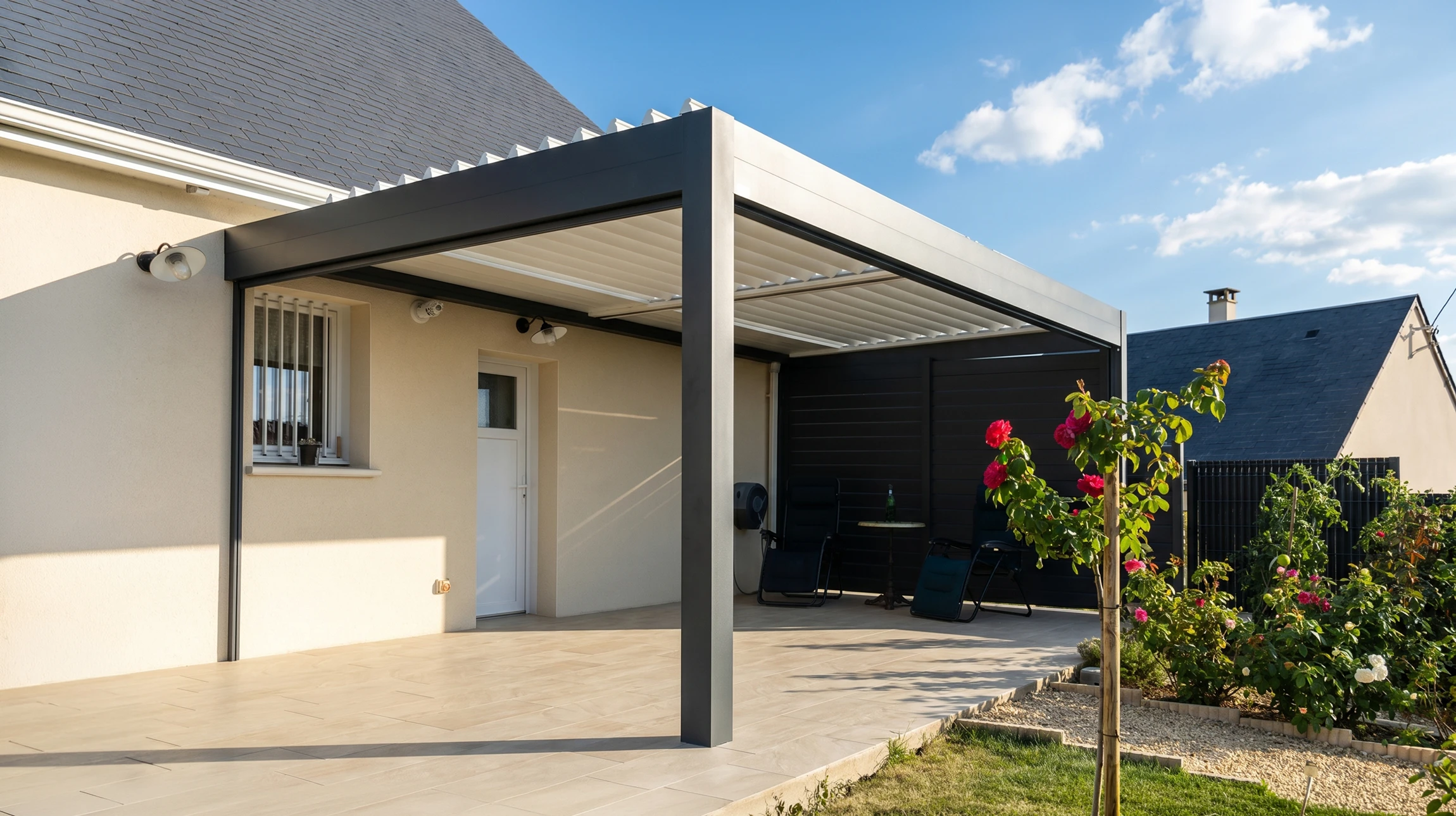 Terrasse extérieure moderne avec pergola bioclimatique à lames orientables en aluminium anthracite