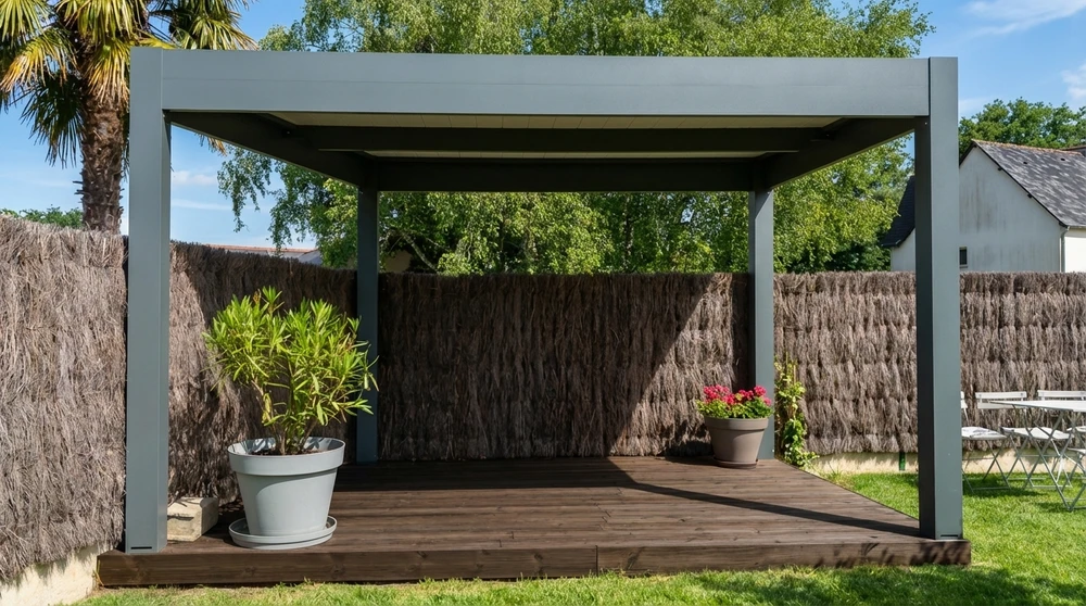 Terrasse extérieure couverte par une pergola bioclimatique à toile rétractable beige/taupe, structure aluminium laqué blanc