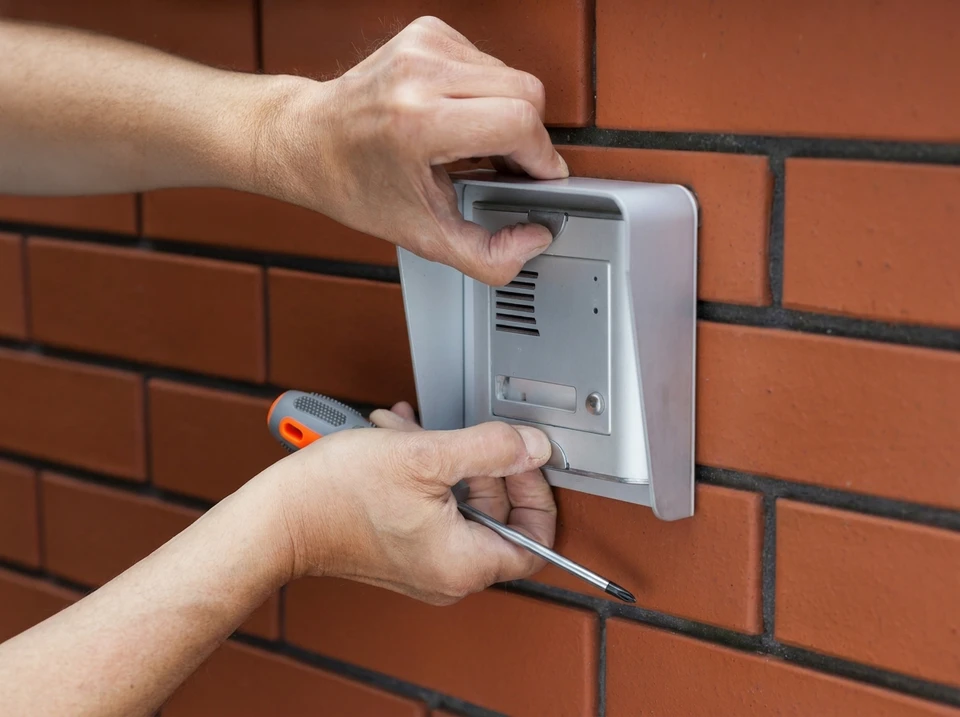 Interphone moderne sur une clôture noire à l'extérieur, en gros plan