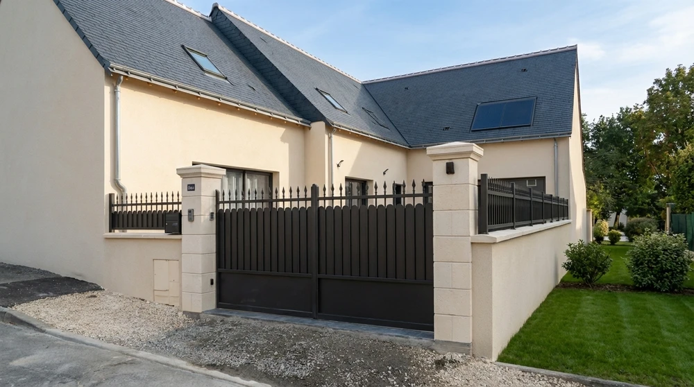 Portail double vantail en aluminium gris anthracite, barreaudage vertical avec lisse basse pleine, motorisé, posé entre deux piliers carrés assortis