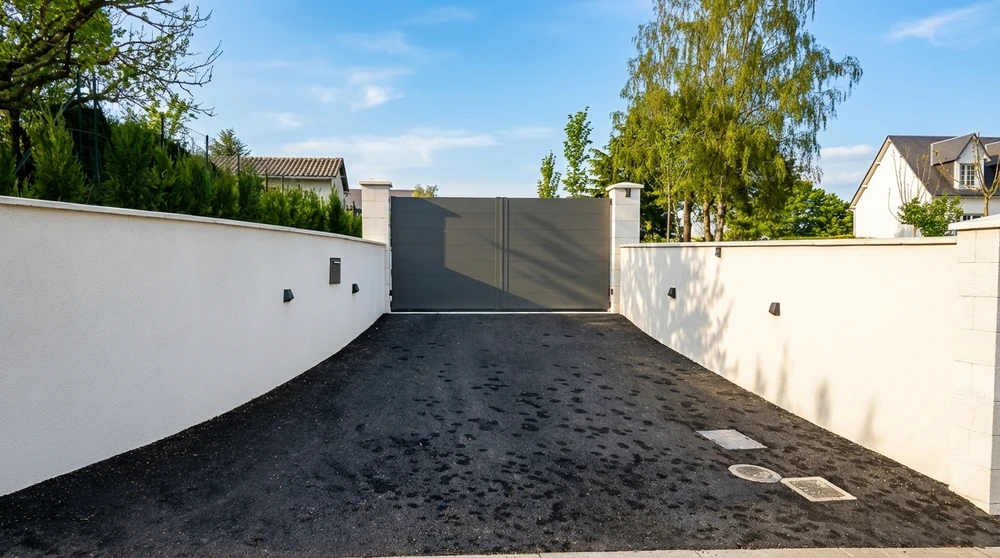 Portail coulissant et portillon en aluminium gris anthracite (RAL 7016), avec lames verticales à extrémités arrondies et frise de pointes décoratives