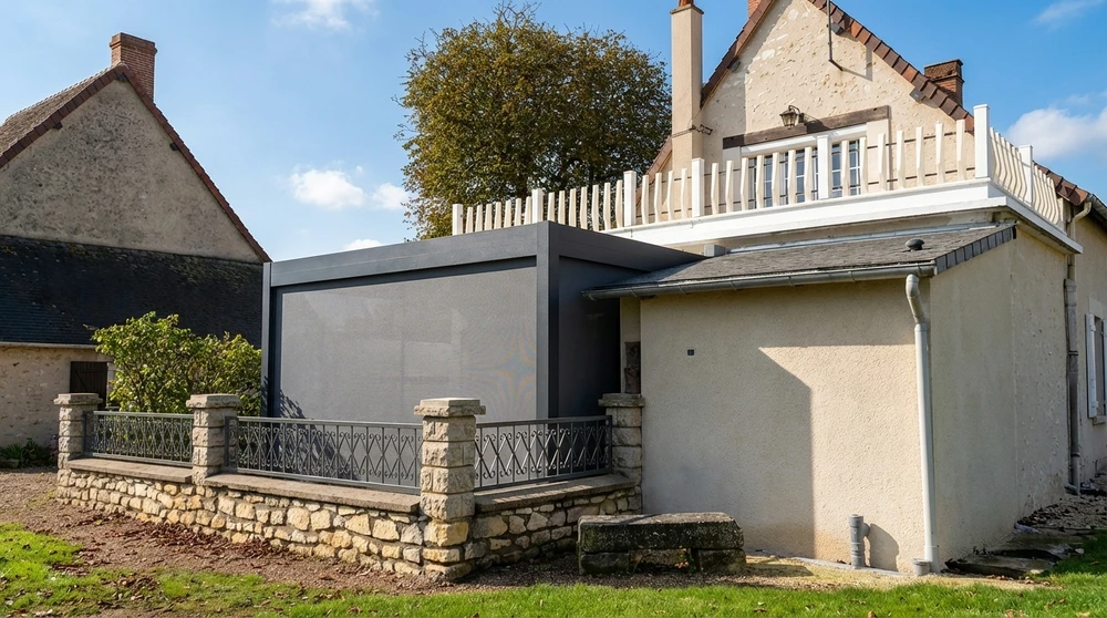 Portail double battant en aluminium laqué anthracite, style classique, monté sur piliers en pierre calcaire