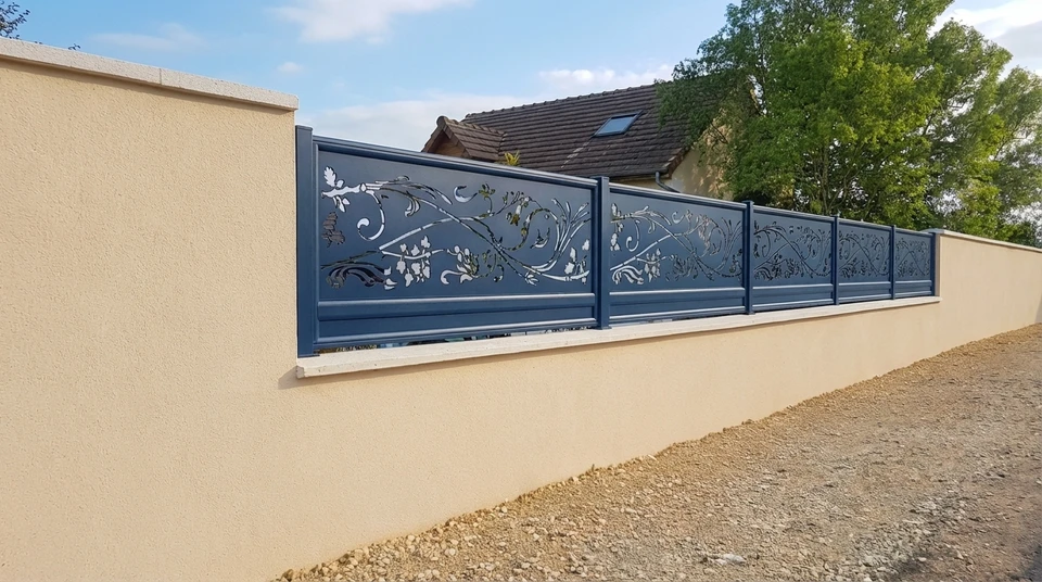 Scène extérieure avec grillage métallique au premier plan, arrière-plan flou montrant végétation verte, sol beige et ciel bleu avec nuages blancs