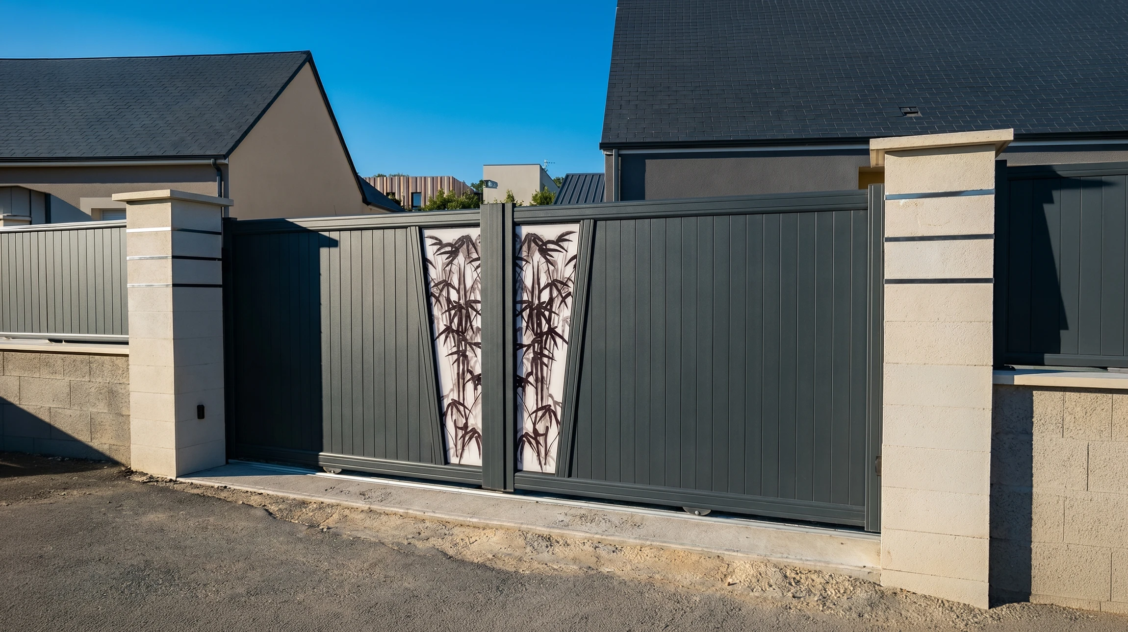 Clôture résidentielle extérieure avec palissade blanche en PVC ou bois peint, montée sur muret en béton avec chaperon brique